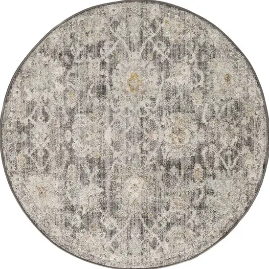 8' Gray Ivory And Black Floral Distressed Round Rug Photo 2