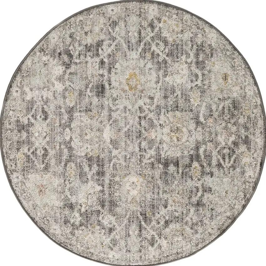 8' Gray Ivory And Black Floral Distressed Round Rug Photo 2