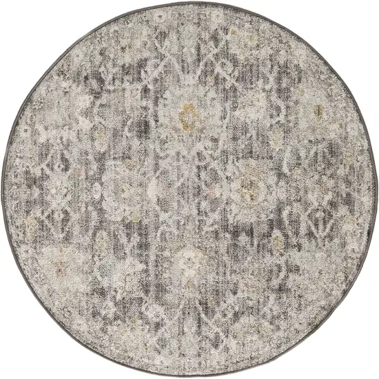 8' Gray Ivory And Black Floral Distressed Round Rug Photo 4
