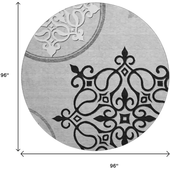 8' Gray Ivory And Black Floral Medallion Washable Round Rug With UV Protection Photo 9