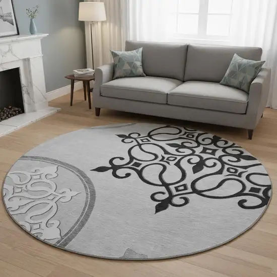 8' Gray Ivory And Black Floral Medallion Washable Round Rug With UV Protection Photo 2