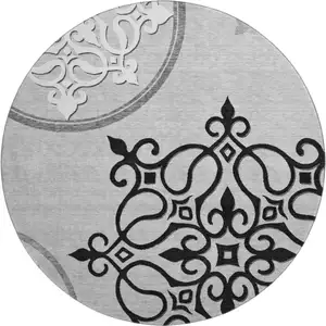 Photo of 8' Gray Ivory And Black Floral Medallion Washable Round Rug With UV Protection