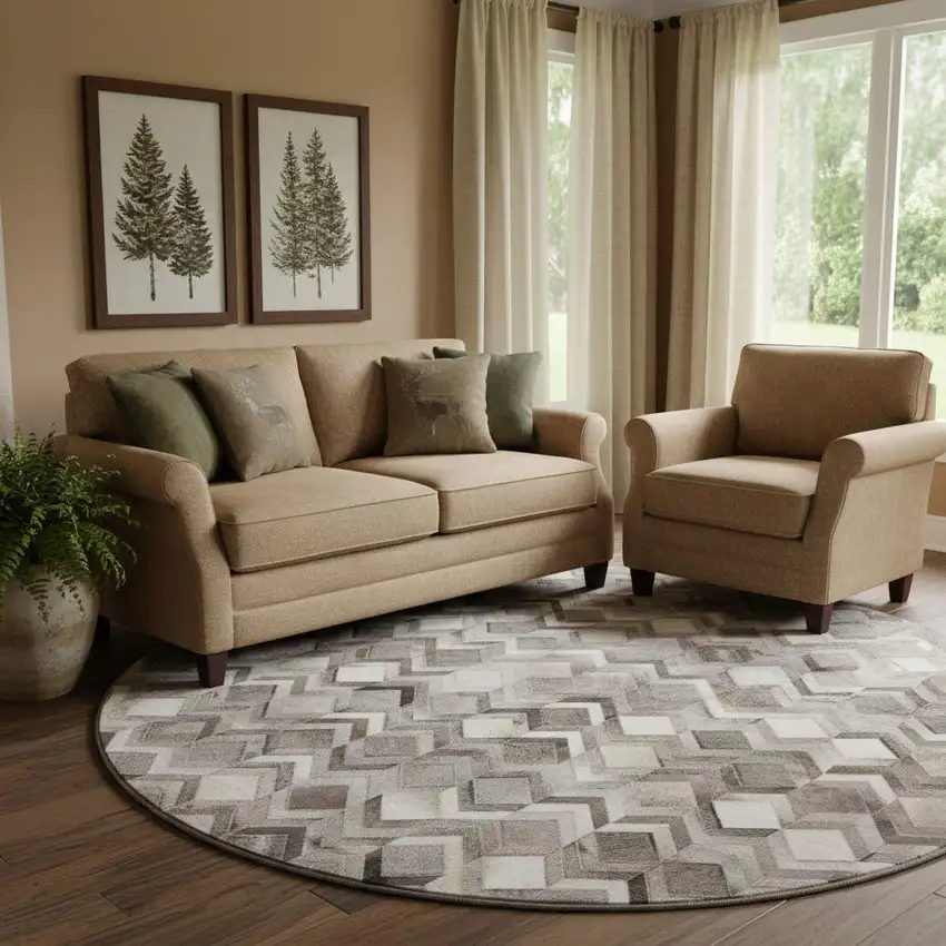 8' Gray Ivory And Black Geometric Washable Round Rug With UV Protection Photo 1