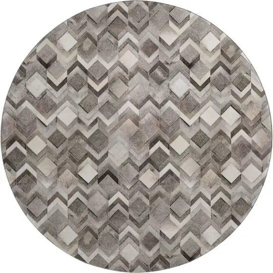 8' Gray Ivory And Black Geometric Washable Round Rug With UV Protection Photo 2