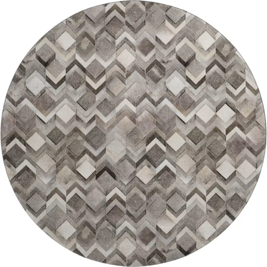 8' Gray Ivory And Black Geometric Washable Round Rug With UV Protection Photo 2