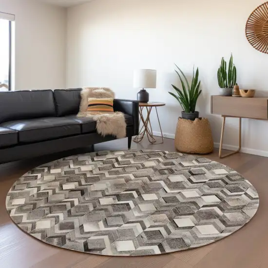 8' Gray Ivory And Black Geometric Washable Round Rug With UV Protection Photo 5