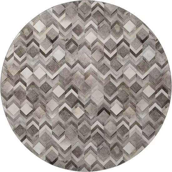 8' Gray Ivory And Black Geometric Washable Round Rug With UV Protection Photo 4