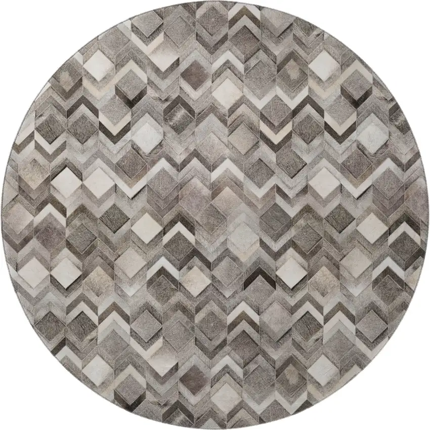 8' Gray Ivory And Black Geometric Washable Round Rug With UV Protection Photo 4