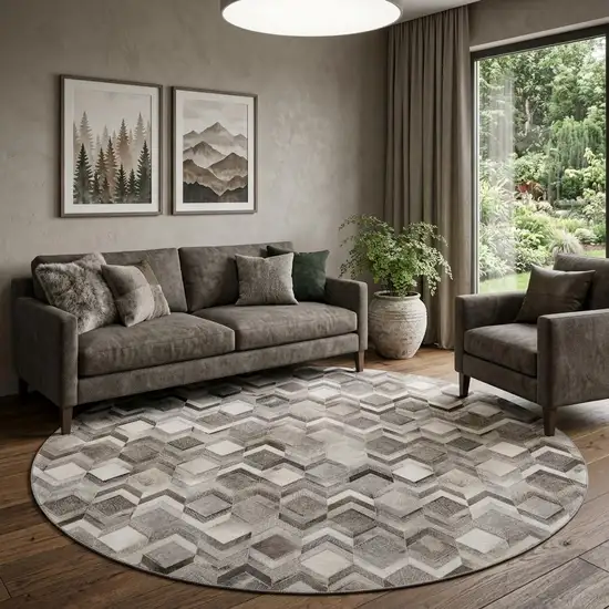 8' Gray Ivory And Black Geometric Washable Round Rug With UV Protection Photo 1
