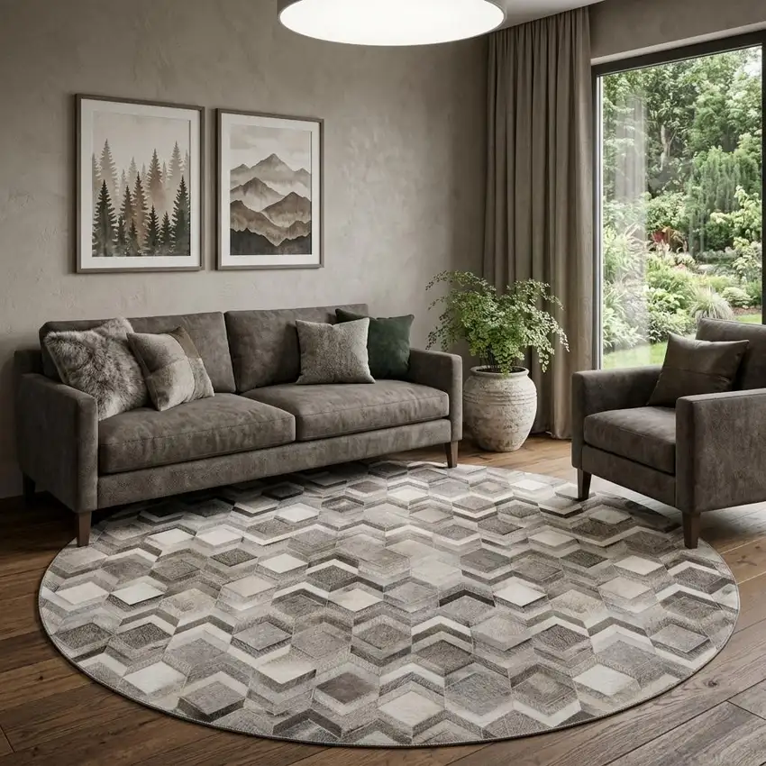 8' Gray Ivory And Black Geometric Washable Round Rug With UV Protection Photo 1