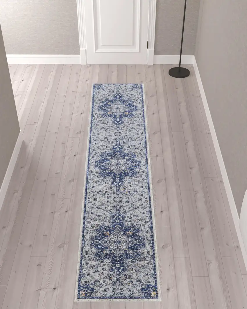 10' Gray Ivory And Blue Floral Power Loom Distressed Stain Resistant Runner Rug Photo 2