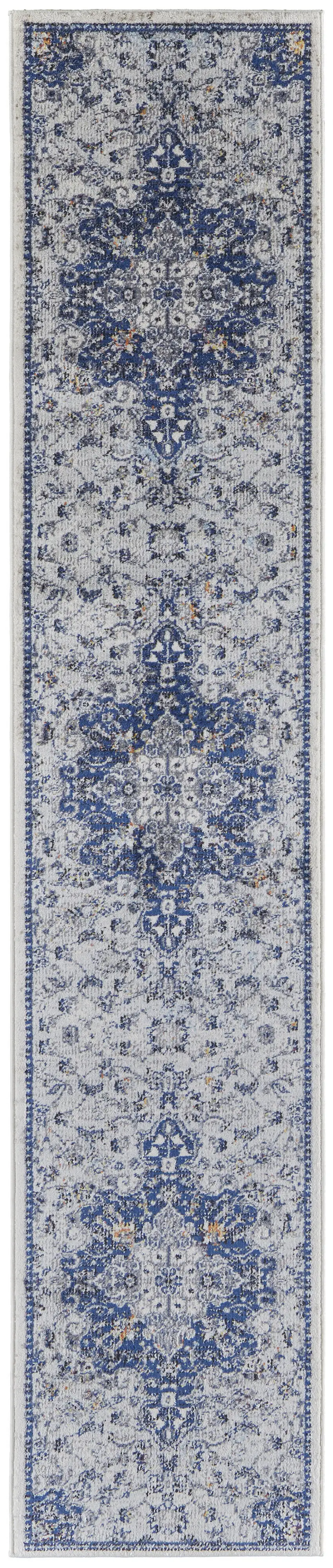 10' Gray Ivory And Blue Floral Power Loom Distressed Stain Resistant Runner Rug Photo 1