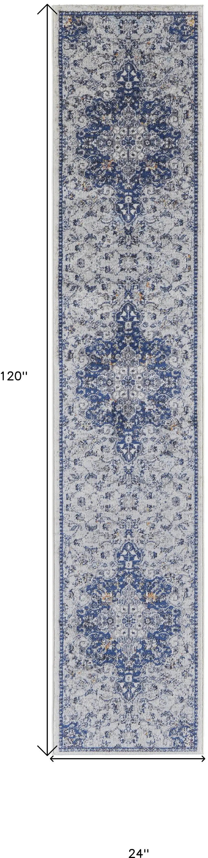 10' Gray Ivory And Blue Floral Power Loom Distressed Stain Resistant Runner Rug Photo 7