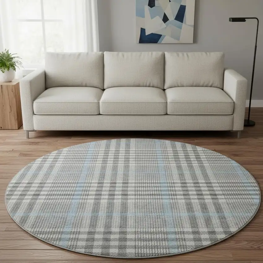 8' Gray Ivory And Blue Plaid Washable Round Rug With UV Protection Photo 2