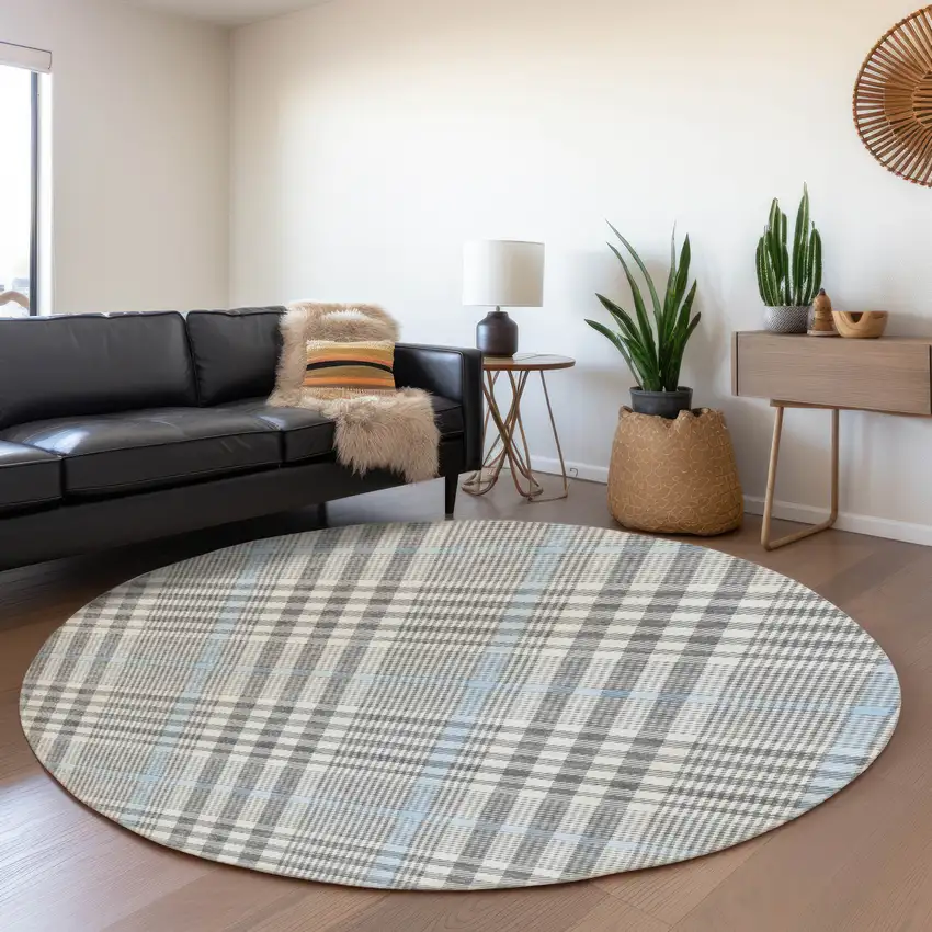 8' Gray Ivory And Blue Plaid Washable Round Rug With UV Protection Photo 4