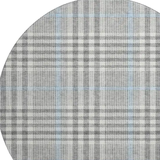 8' Gray Ivory And Blue Plaid Washable Round Rug With UV Protection Photo 2