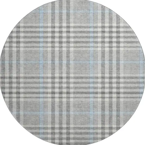 8' Gray Ivory And Blue Plaid Washable Round Rug With UV Protection Photo 3