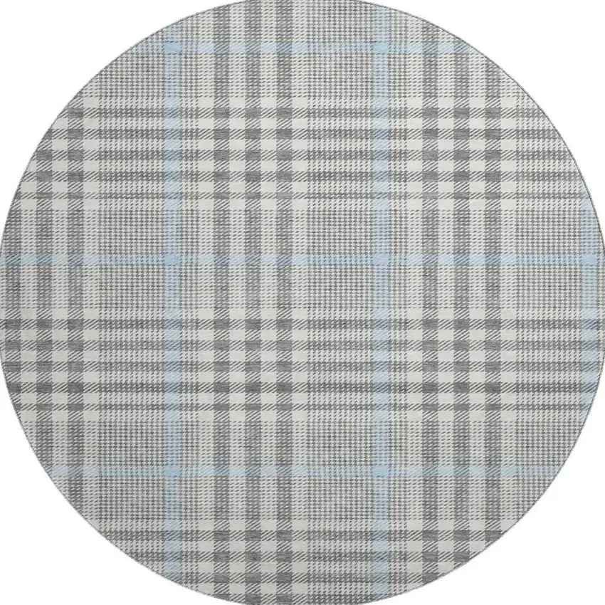 8' Gray Ivory And Blue Plaid Washable Round Rug With UV Protection Photo 3