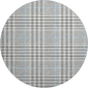 Photo of 8' Gray Ivory And Blue Plaid Washable Round Rug With UV Protection