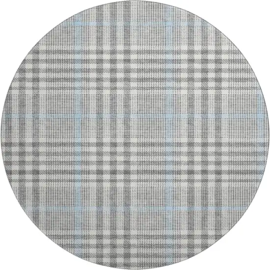 8' Gray Ivory And Blue Plaid Washable Round Rug With UV Protection Photo 1