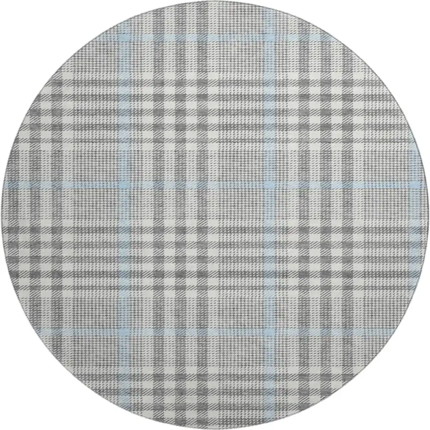 8' Gray Ivory And Blue Plaid Washable Round Rug With UV Protection Photo 1