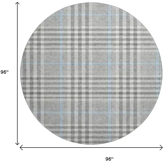 8' Gray Ivory And Blue Plaid Washable Round Rug With UV Protection Photo 9