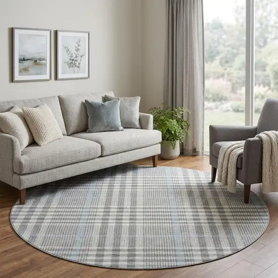 8' Gray Ivory And Blue Plaid Washable Round Rug With UV Protection Photo 1