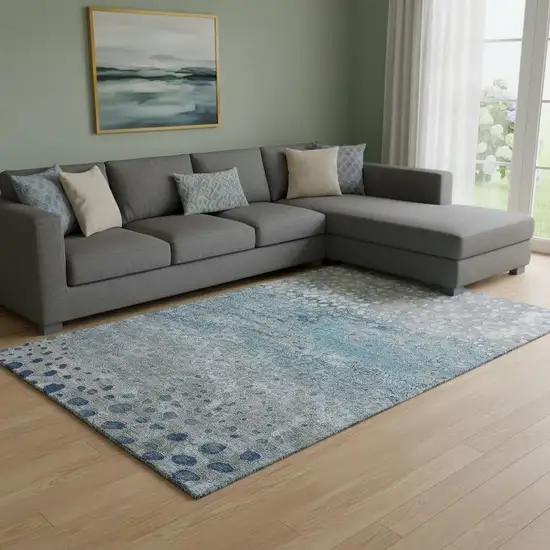 8' Gray Ivory And Blue Polka Dot Washable Area Rug With UV Protection Photo 2