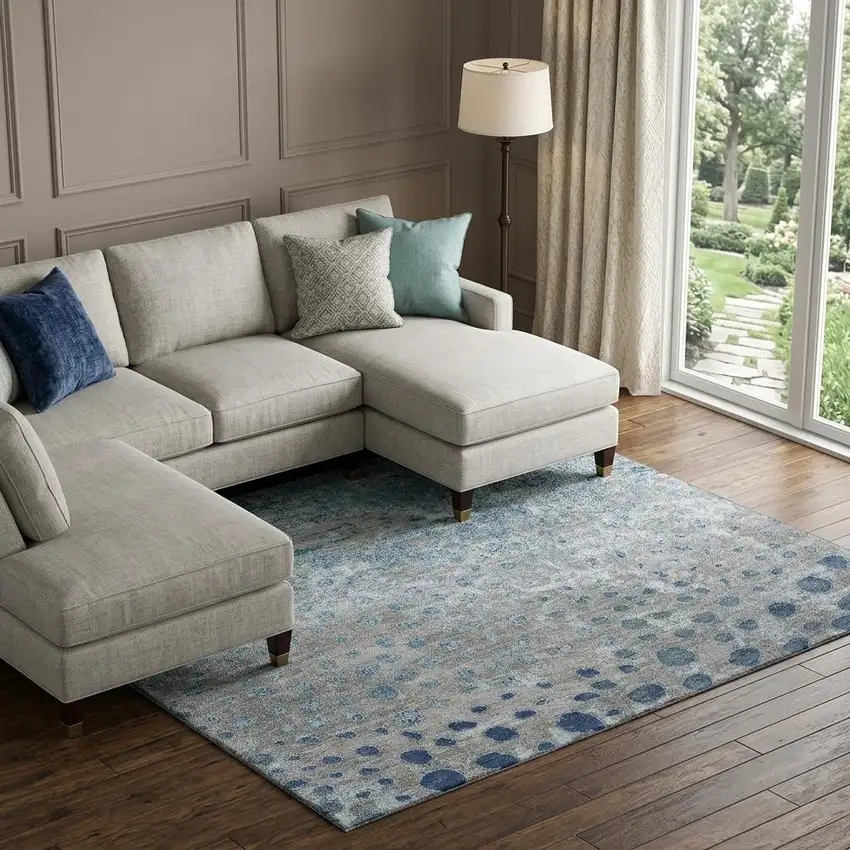 8' Gray Ivory And Blue Polka Dot Washable Area Rug With UV Protection Photo 1