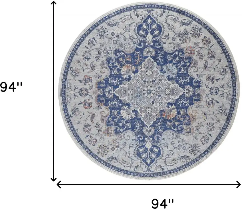 8' Gray Ivory And Blue Round Floral Power Loom Distressed Stain Resistant Area Rug Photo 7