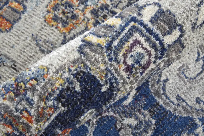 8' Gray Ivory And Blue Round Floral Power Loom Distressed Stain Resistant Area Rug Photo 4