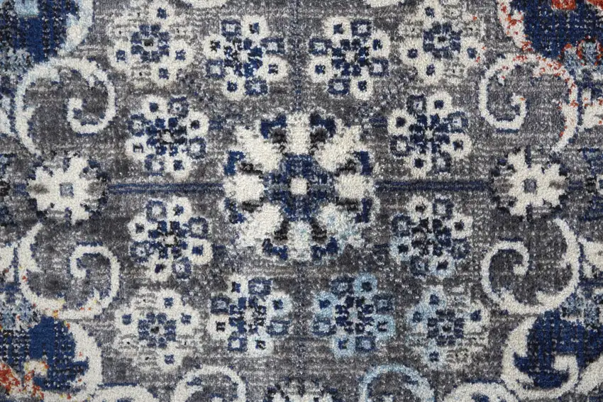 8' Gray Ivory And Blue Round Floral Power Loom Distressed Stain Resistant Area Rug Photo 5