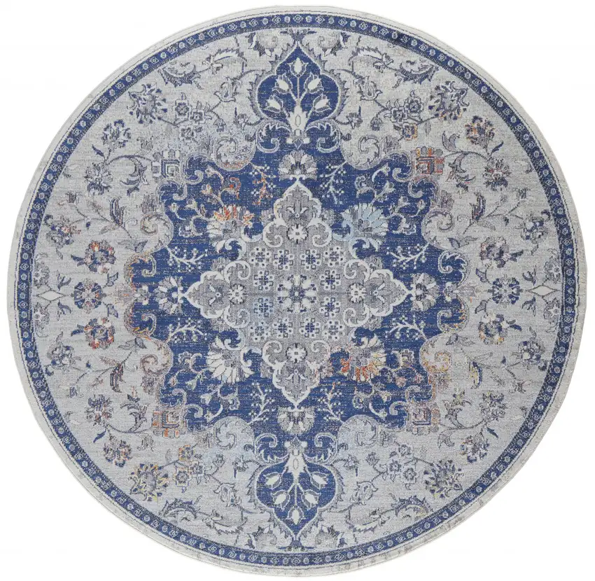 8' Gray Ivory And Blue Round Floral Power Loom Distressed Stain Resistant Area Rug Photo 1