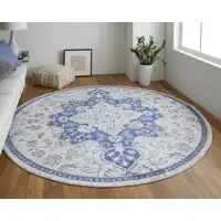 Photo of 8' Gray Ivory And Blue Round Floral Power Loom Distressed Stain Resistant Area Rug