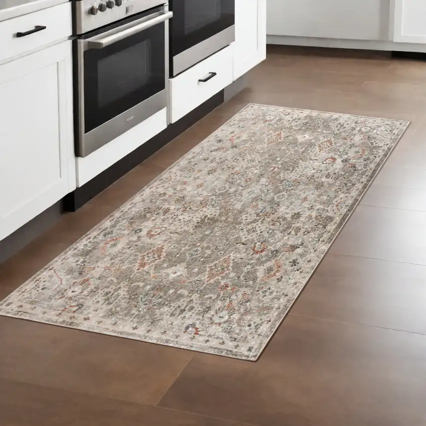 8' Gray Ivory And Brown Medallion Runner Rug Photo 1