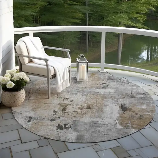 8' Gray Ivory And Brown Round Abstract Washable Indoor Outdoor Area Rug Photo 6