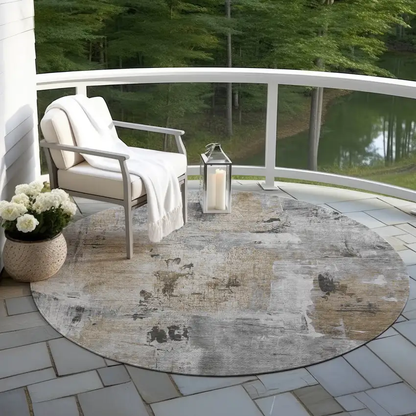 8' Gray Ivory And Brown Round Abstract Washable Indoor Outdoor Area Rug Photo 6