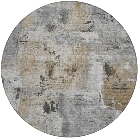 8' Gray Ivory And Brown Round Abstract Washable Indoor Outdoor Area Rug Photo 2