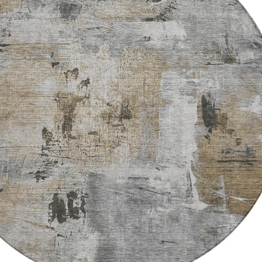 8' Gray Ivory And Brown Round Abstract Washable Indoor Outdoor Area Rug Photo 4