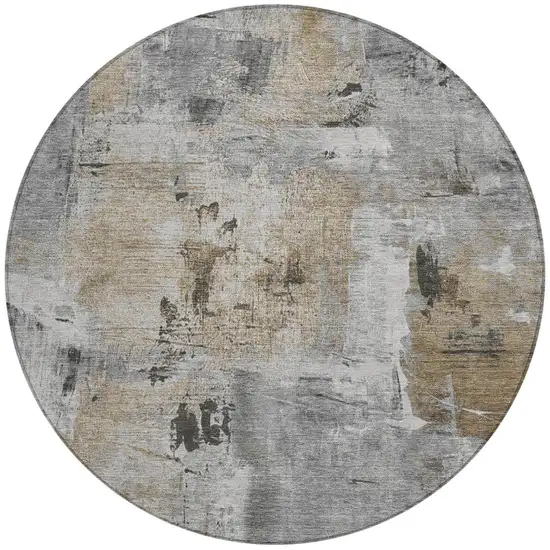 8' Gray Ivory And Brown Round Abstract Washable Indoor Outdoor Area Rug Photo 5