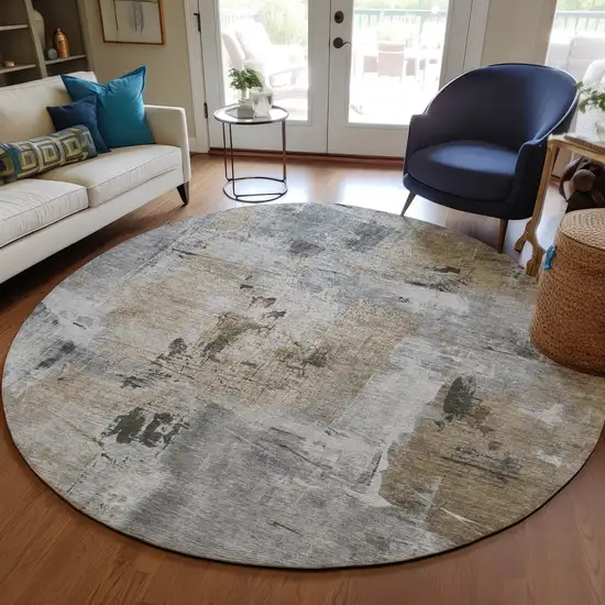 8' Gray Ivory And Brown Round Abstract Washable Indoor Outdoor Area Rug Photo 7