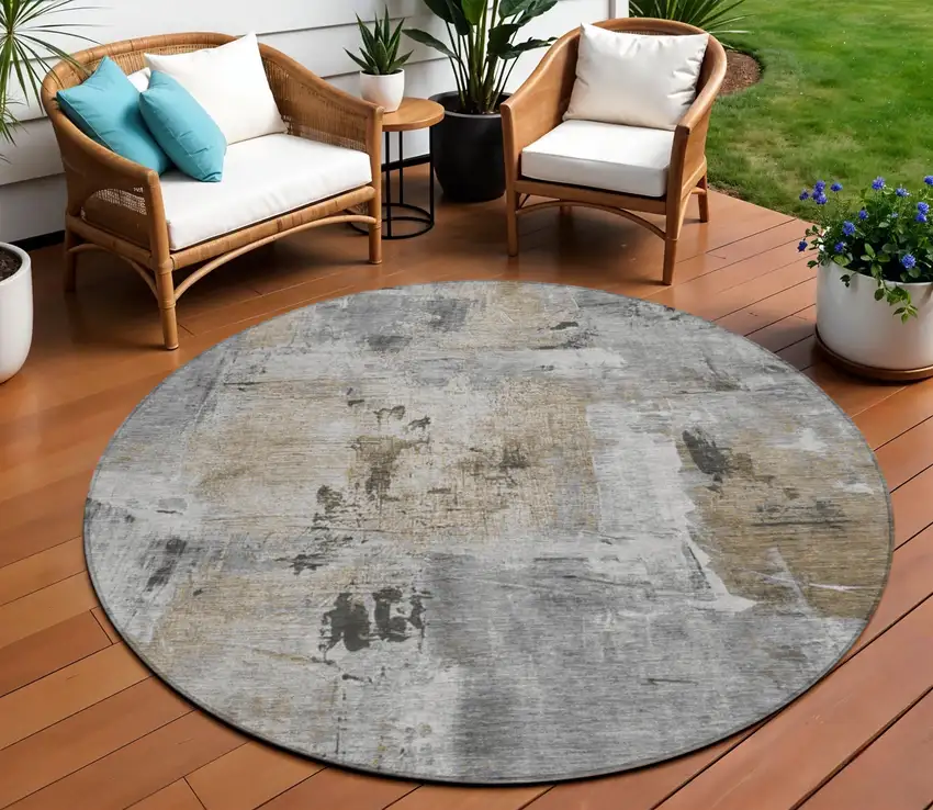 8' Gray Ivory And Brown Round Abstract Washable Indoor Outdoor Area Rug Photo 1