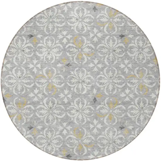 8' Gray Ivory And Brown Round Floral Washable Indoor Outdoor Area Rug Photo 5
