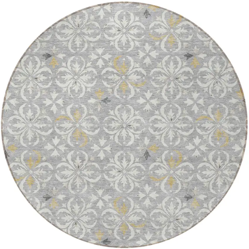 8' Gray Ivory And Brown Round Floral Washable Indoor Outdoor Area Rug Photo 5