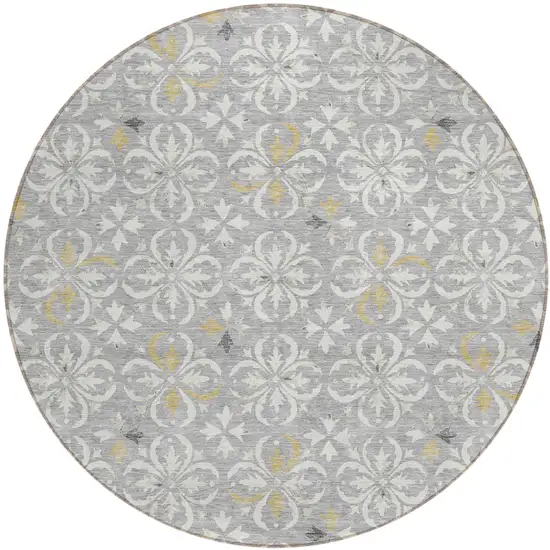 8' Gray Ivory And Brown Round Floral Washable Indoor Outdoor Area Rug Photo 2