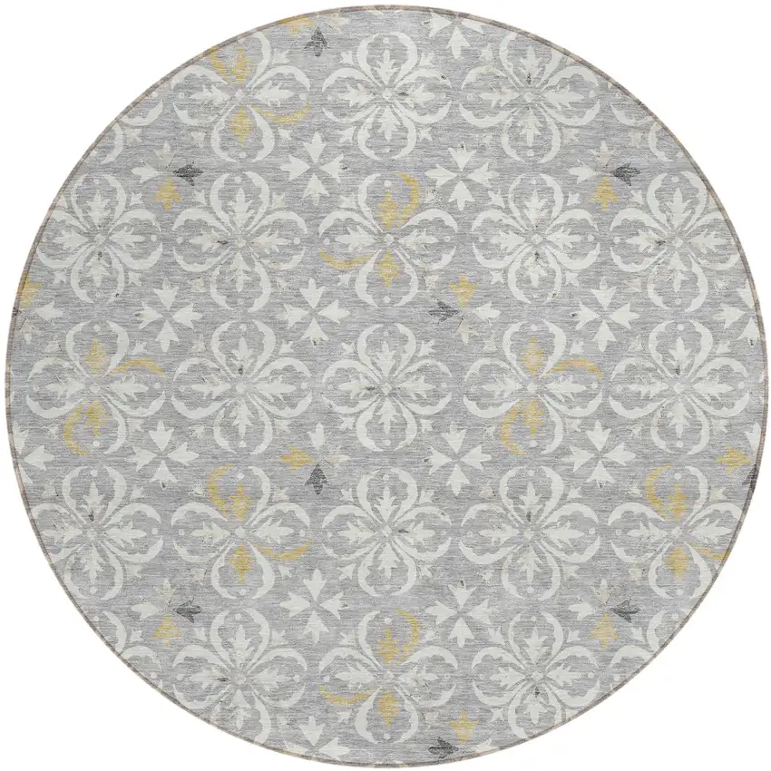 8' Gray Ivory And Brown Round Floral Washable Indoor Outdoor Area Rug Photo 2
