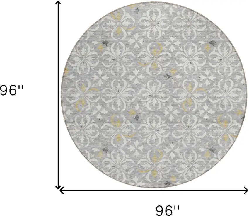 8' Gray Ivory And Brown Round Floral Washable Indoor Outdoor Area Rug Photo 3