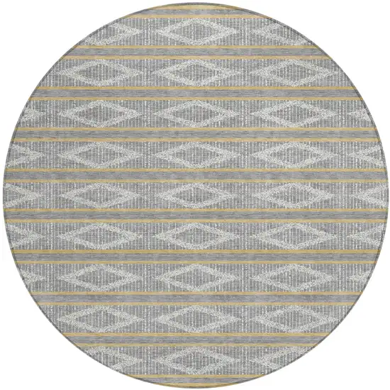 8' Gray Ivory And Brown Round Geometric Washable Indoor Outdoor Area Rug Photo 2