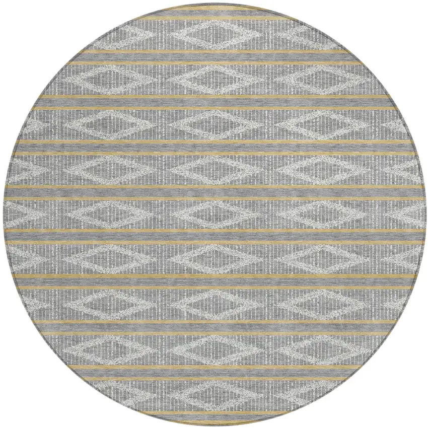 8' Gray Ivory And Brown Round Geometric Washable Indoor Outdoor Area Rug Photo 2