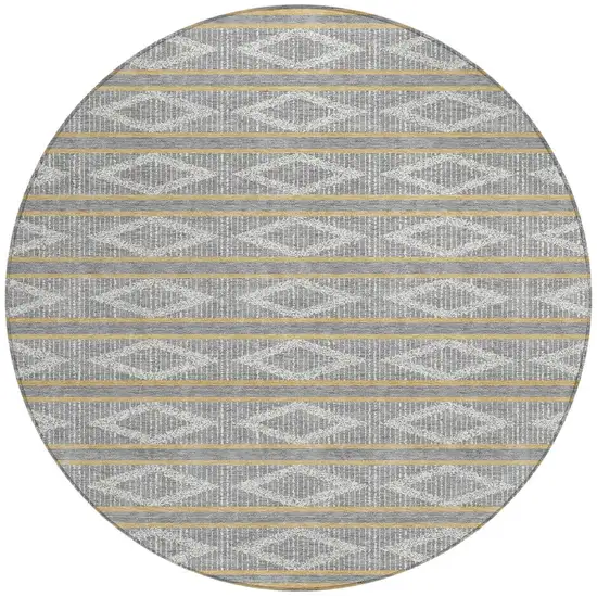 8' Gray Ivory And Brown Round Geometric Washable Indoor Outdoor Area Rug Photo 5